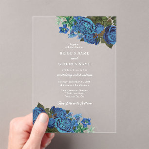 Modern Blue Floral Watercolor Elegant Wedding  Acrylic Invitations