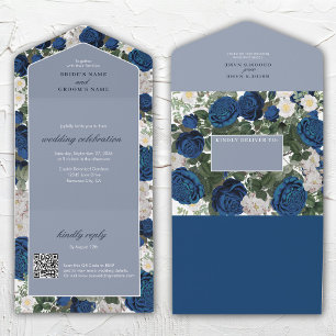 Modern Blue Floral Watercolor Elegant Wedding All In One Invitation