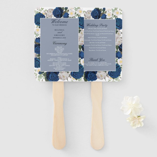 Modern Blue Floral Watercolor Wedding Program Hand Fan (Front and Back)