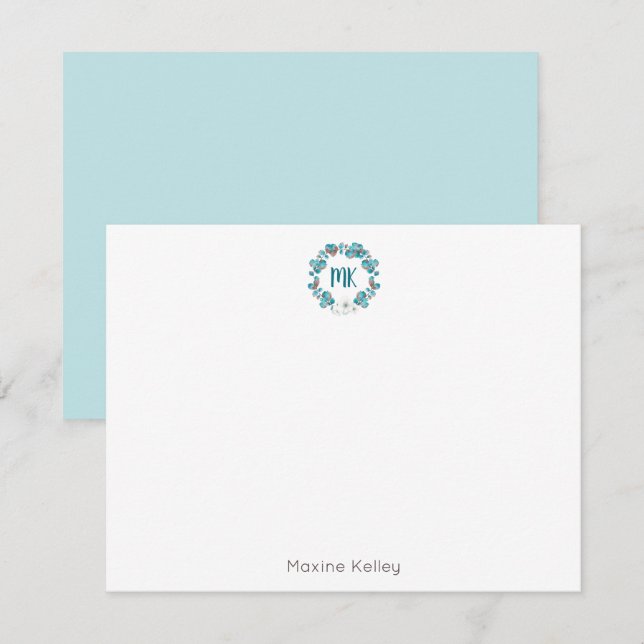 Modern Blue Floral Watercolor Wreath Monogram Invitation (Front/Back)