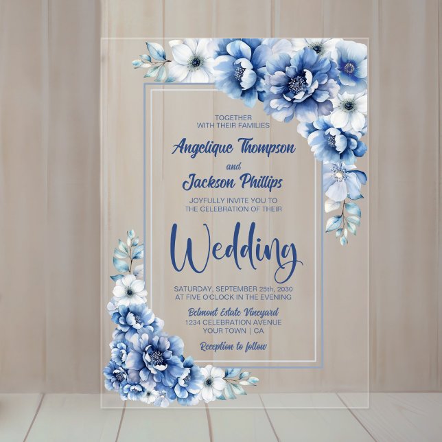 Modern Blue Floral Wedding Acrylic Invitations (Creator Uploaded)