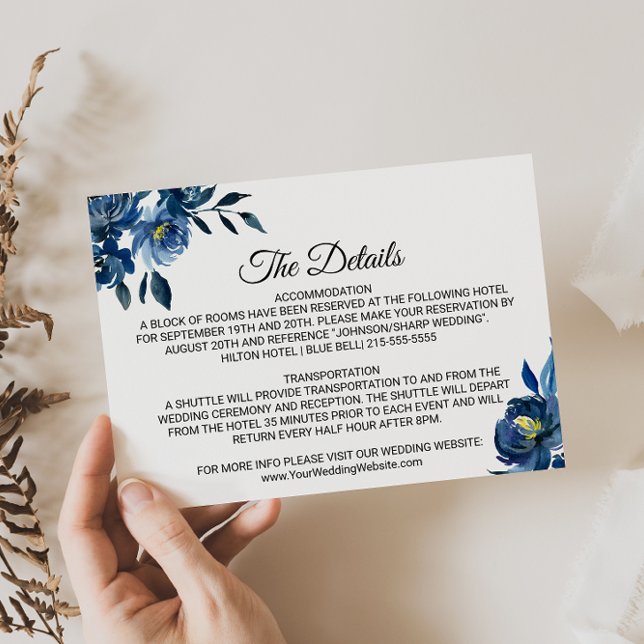 Modern Blue Floral Wedding Details Insert Card (Creator Uploaded)