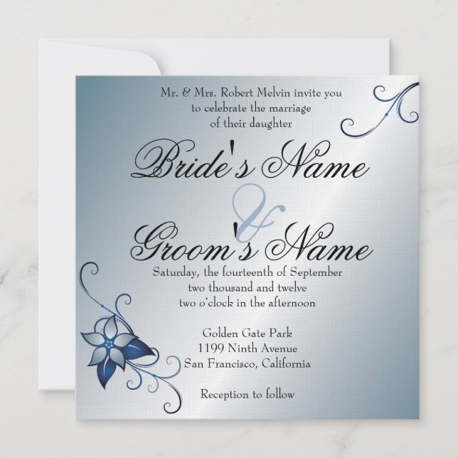 Modern Blue Floral  Wedding Invitation (Front)