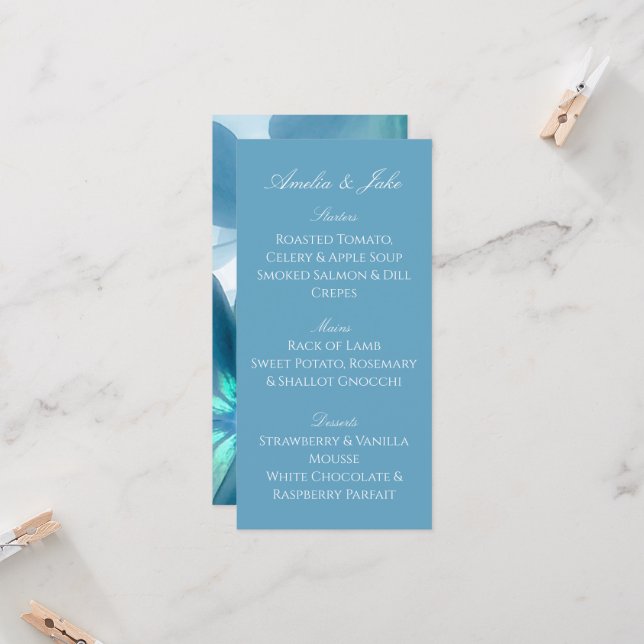 Modern Blue Floral Wedding Menu Card (Front/Back In Situ)