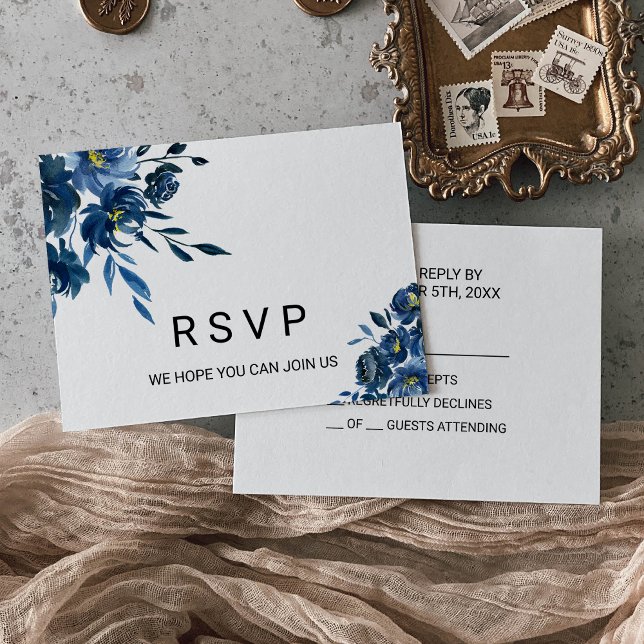Modern Blue Floral Wedding Rsvp Card (Creator Uploaded)