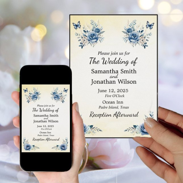 Modern Blue Flowers and Butterflies Wedding Invitation (Creator Uploaded)