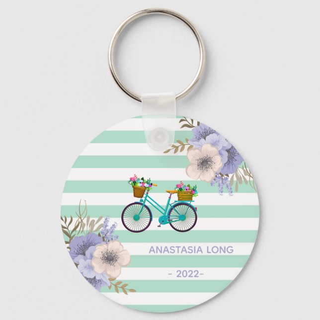 Modern Blue Flowers Bicycles Keychain (Front)