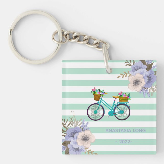 Modern Blue Flowers Bicycles Keychain (Front)