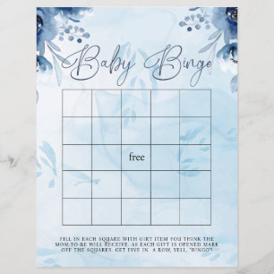Modern Blue Flowers Bingo Baby Shower Game