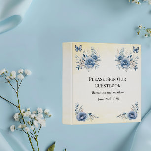 Modern Blue Flowers Butterflies Wedding Guest Book Binder
