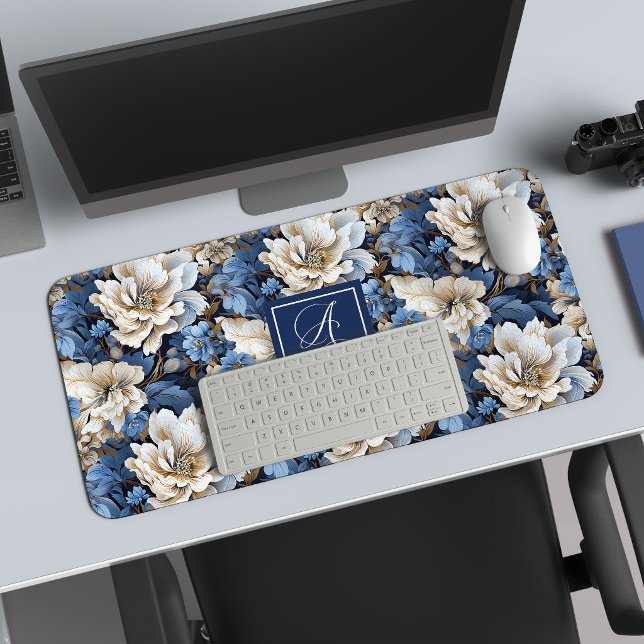 Modern Blue Flowers Personalized Floral Desk Mat (Modern Blue Flowers Personalized Floral Desk Mat)
