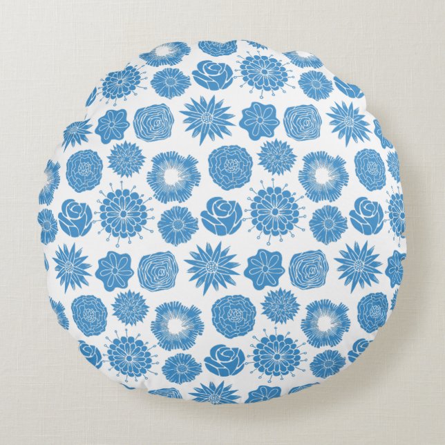 Modern Blue Flowers Stylish Motif Round Pillow (Front)