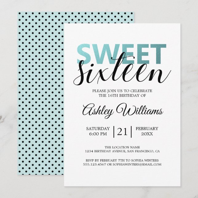 Modern Blue Foil Elegant Sweet 16 Invitation (Front/Back)