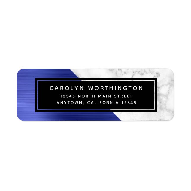 Modern Blue Foil Marble Geometric Return Address (Front)