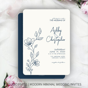 Modern Blue Foliage Outline All-in-One Wedding Invitation