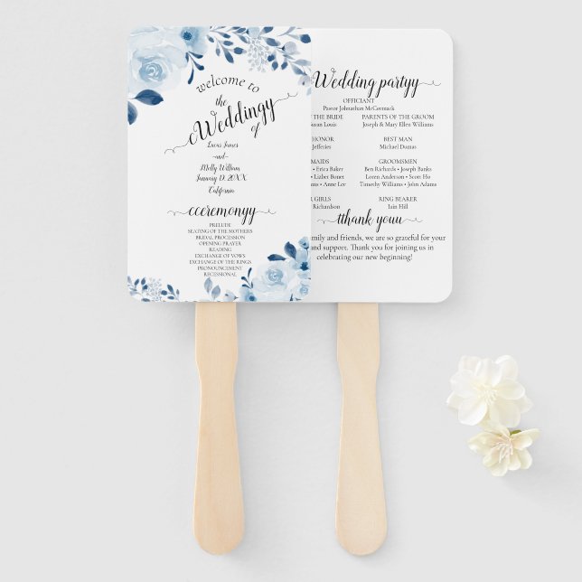 Modern Blue French Floral Wedding Hand Fan (Front and Back)