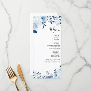 Modern Blue French Floral Wedding Menu