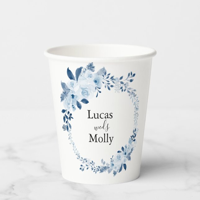 Modern Blue French Floral Wedding Paper cup (Back)