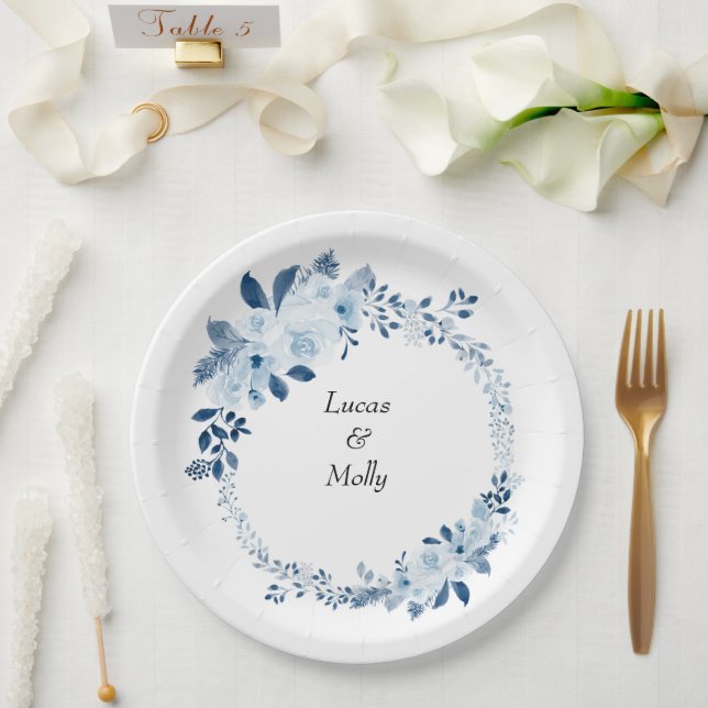 Modern Blue French Floral Wedding Paper Plate (Wedding)