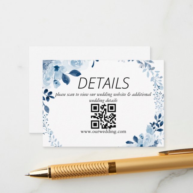 Modern Blue French Floral Wedding QR Code Enclosure Card (Front/Back In Situ)