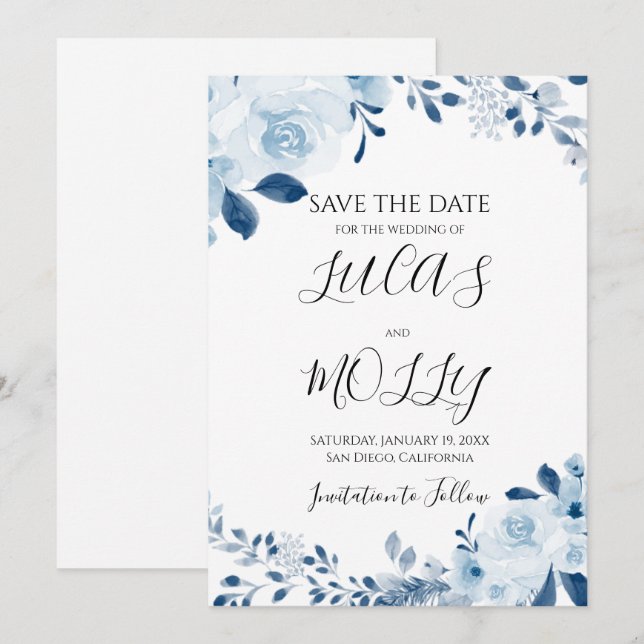 Modern Blue French Floral Wedding Save The Date (Front/Back)