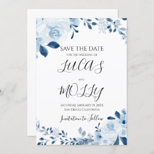 Modern Blue French Floral Wedding Save The Date