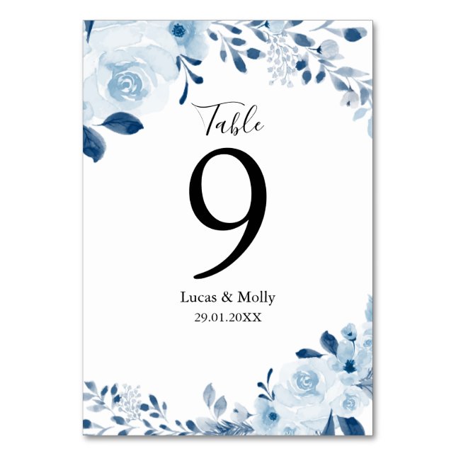 Modern Blue French Floral Wedding Table Number (Front)