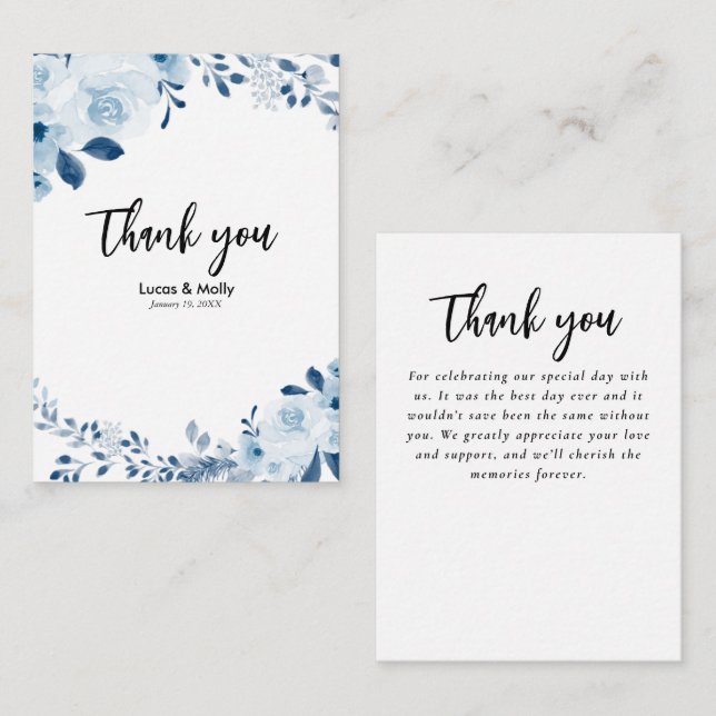 Modern Blue French Floral Wedding Thank you Card (Front/Back)
