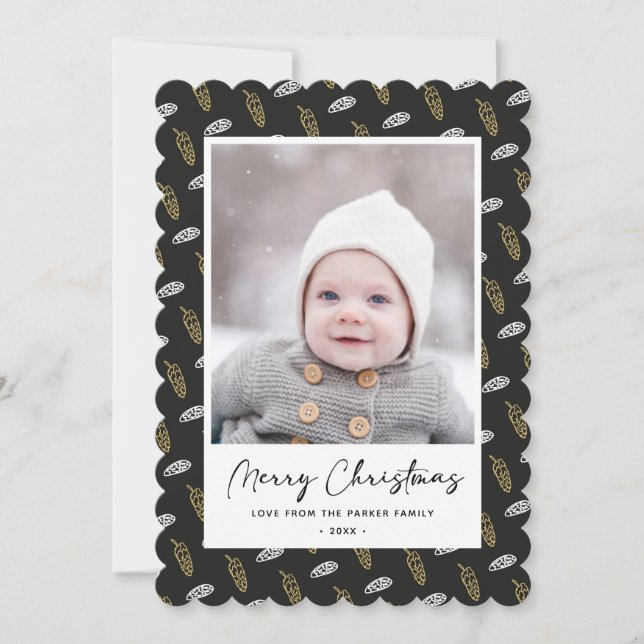 Modern Blue Fun Script Gold Pine Cone Christmas Holiday Card (Front)
