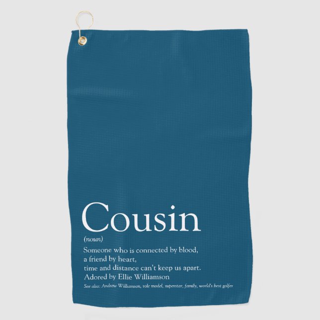 Modern Blue Fun Typographic Cool Cousin Definition Golf Towel (Front)