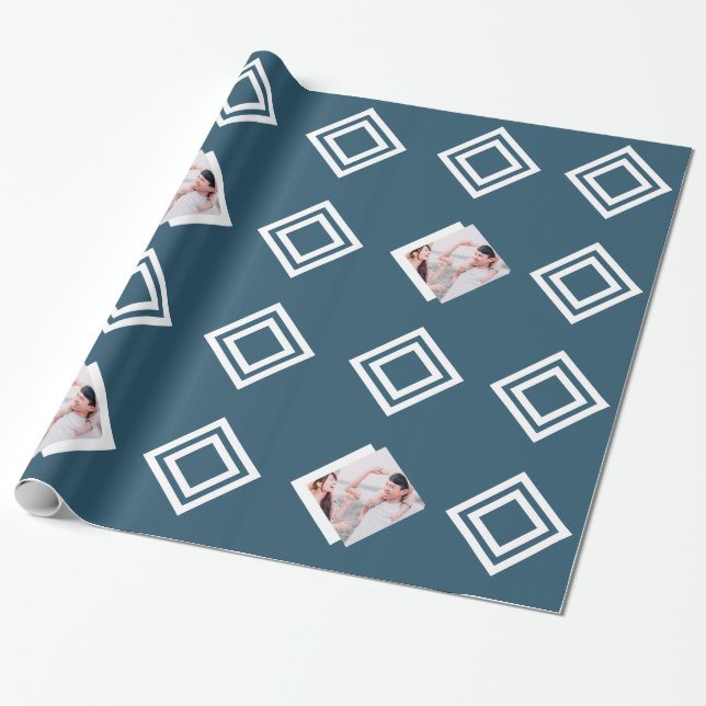 Modern Blue Geometric Photo Print Christmas Wrapping Paper (Unrolled)