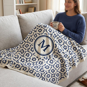 Modern Blue Geometric Star Personalized Fleece Blanket