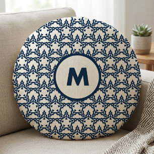 Modern Blue Geometric Star Personalized Round Pillow