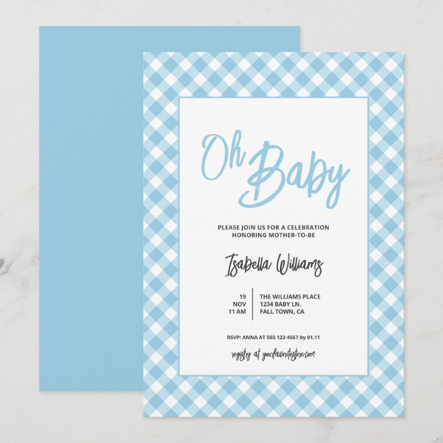 Modern Blue Gingham Baby Boy Shower Invitation (Front/Back)