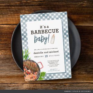 Modern Blue Gingham Barbecue Baby Shower Invitation