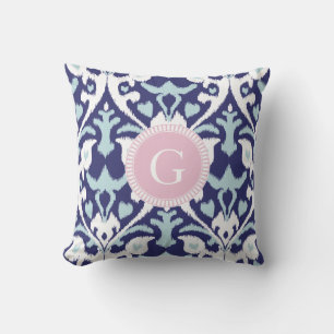 Modern blue girly ikat tribal pattern monogram throw pillow