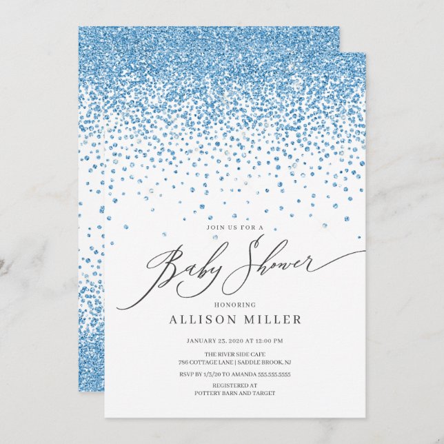 Modern Blue Glitter Boys Baby Shower Invitation (Front/Back)