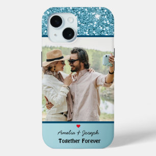 Modern Blue Glitter Custom Love Couple  Photo iPhone 15 Case