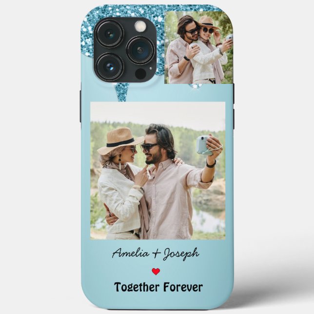 Modern Blue Glitter Custom Love Couple  Photo Case-Mate iPhone Case (Back)