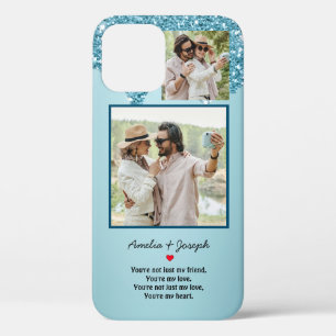Modern Blue Glitter Custom Love Couple  Photo iPhone 12 Case