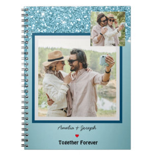 Modern Blue Glitter Custom Love Couple Photo Notebook