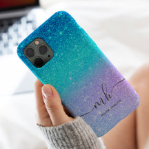 Modern blue glitter ombre purple chic monogrammed