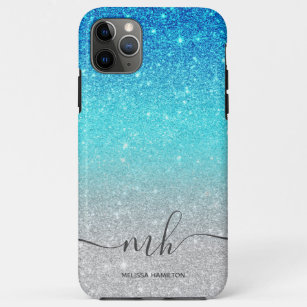Modern blue glitter ombre silver chic monogrammed Case-Mate iPhone case