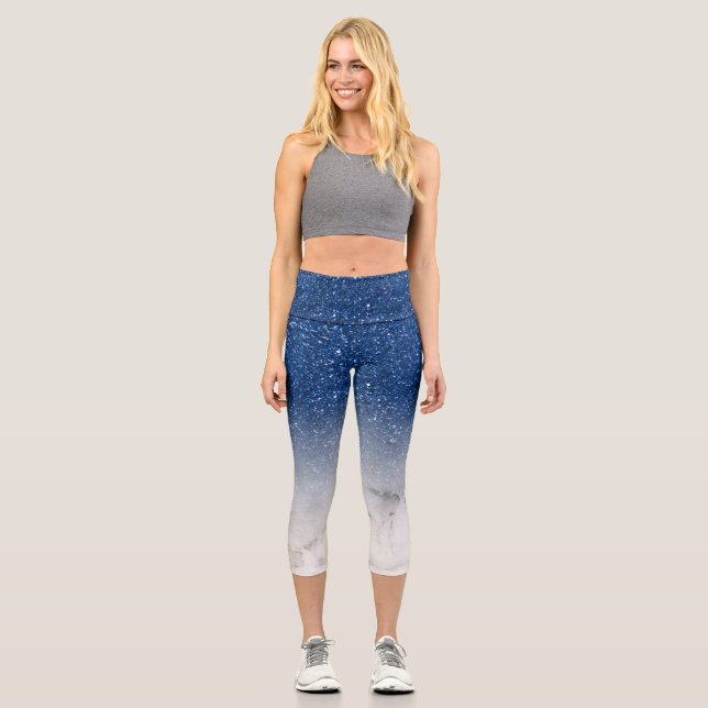 Modern Blue glitter ombre sparkles white marble Capri Leggings (Front)