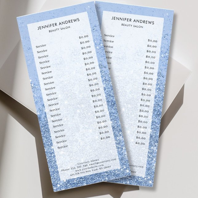 Modern Blue  Glitter Salon Price List  Rack Card (Personalized Modern Blue Silver Glitter Salon Price List Rack Card)