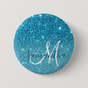 Modern Blue Glitter Sparkles Personalized Name 2 Inch Round Button