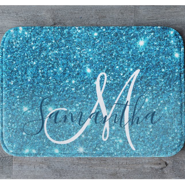 Modern Blue Glitter Sparkles Personalized Name Bath Mat (Creator Uploaded)