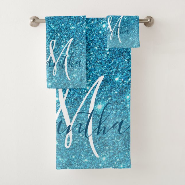 Modern Blue Glitter Sparkles Personalized Name Bath Towel Set (Insitu)