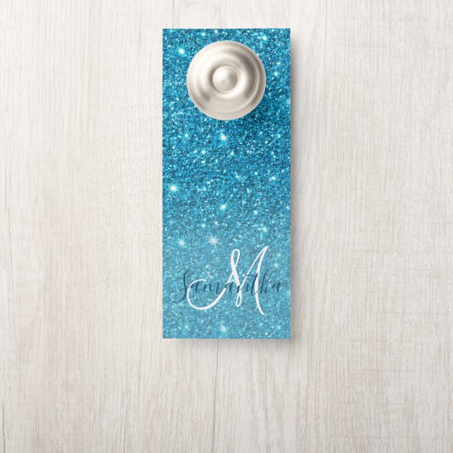 Modern Blue Glitter Sparkles Personalized Name Door Hanger (On Knob)