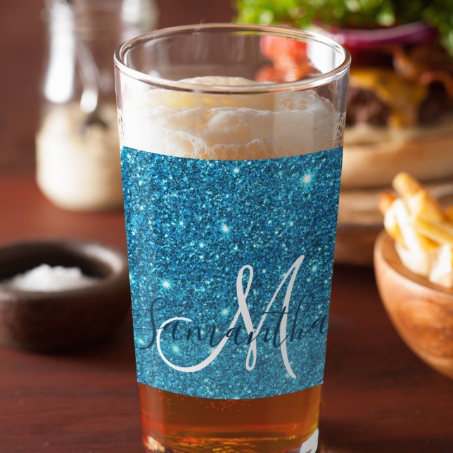 Modern Blue Glitter Sparkles Personalized Name Glass (Creator Uploaded)